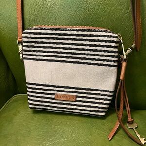 Fossil Black and White Crossbody Bag with Leather Trim
